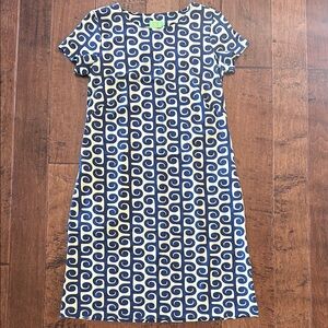 Katherine Way Blue and Tan Sheath / Shift Mini Dress Crew Neck Short Sleeve